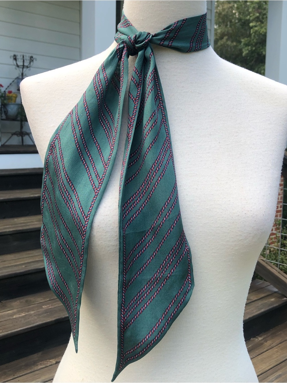 Vintage Oscar de la Renta 100% Silk Skinny Scarf Stripe Green